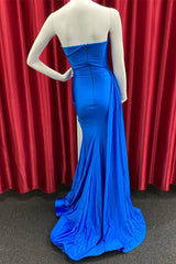 Party Dresses Express, Royal Blue Cowl Strapless Mermaid Satin Long Prom Dress with Slit