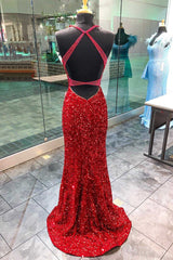 Beach Wedding Guest Dress, Red Sequin Plunge V Backless Mermaid Long Prom Dress with Slit