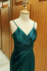 Elegant Gown, Hunter Green Satin Spaghetti Straps Short Bridesmaid Dress