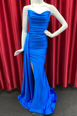 Party Dress Long Dress, Royal Blue Cowl Strapless Mermaid Satin Long Prom Dress with Slit