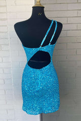 Bridesmaides Dresses Blue, Blue Sequin One-Shoulder Cutout Bodycon Homecoming Dress