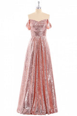 Party Dress Maxi, Rose Gold Sequin Off-the-Shoulder A-Line Long Bridesmaid Dress