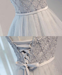 Evening Dress For Wedding, Gray Tulle Beads Short Prom Dress, Gray Homecoming Dress
