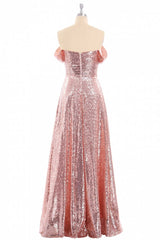 Party Dress Teens, Rose Gold Sequin Off-the-Shoulder A-Line Long Bridesmaid Dress