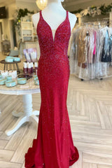 Boho Wedding Dress, Red Beaded Plunge V Mermaid Long Formal Dress
