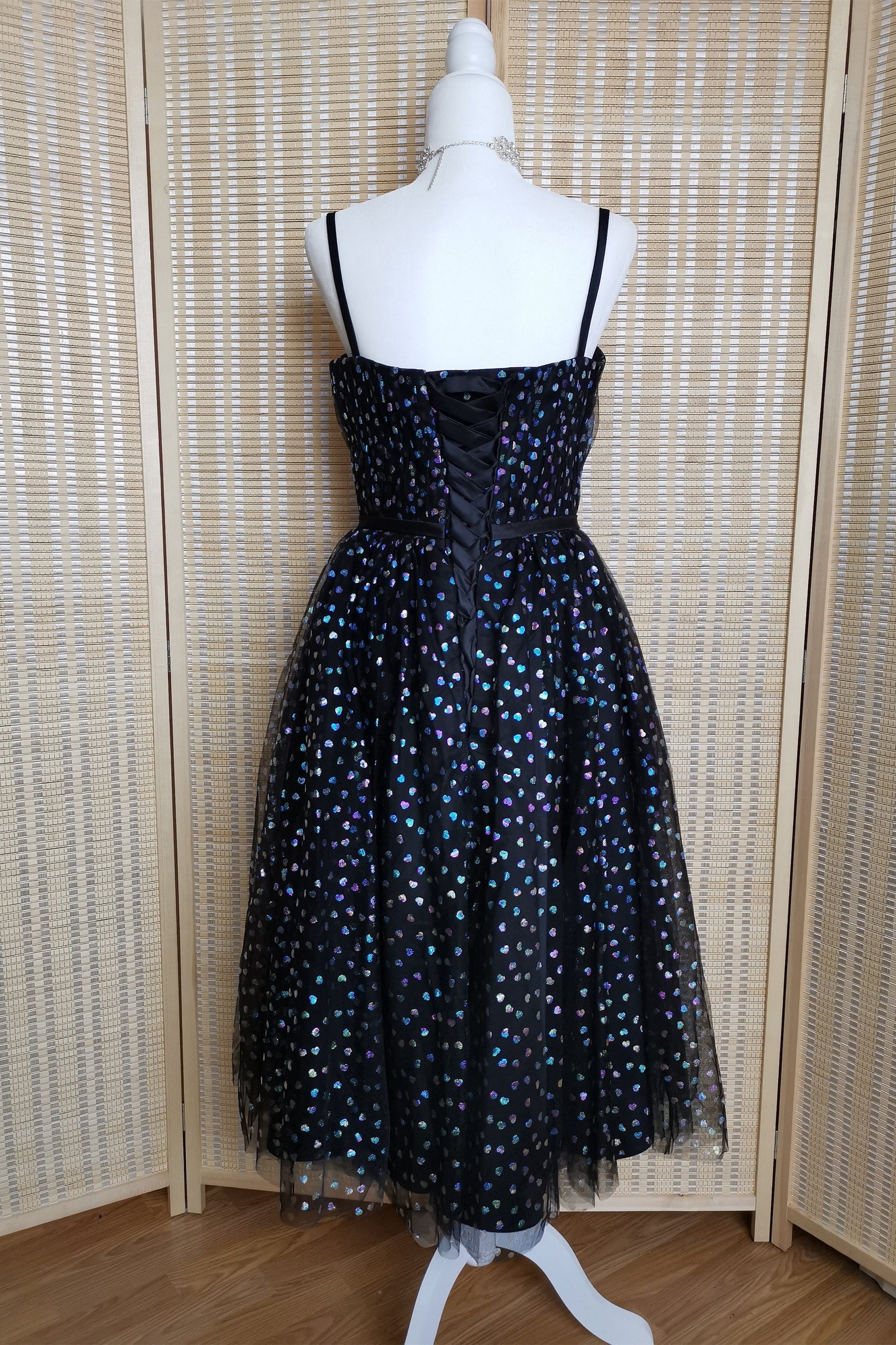 Princess Dress, Black A-line Lace-Up Iridescent Prints Tulle Homecoming Dress