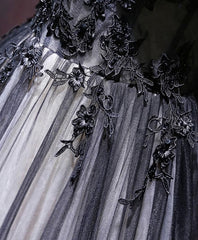 Prom Dresses Different, Black V Neck Tulle Lace Applique Long Prom Dress, Black Evening Dress, 1