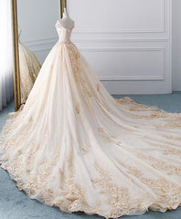 Weddings Dresses Uk, Unique Champagne Tulle Lace Long Wedding Dress, Bridal Gown