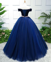 Evening Dresses Gowns, Dark Blue Tulle Off Shoulder Long Prom Dress, Blue Sweet 16 Dress