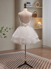 Party Dress Glitter, White Spaghetti Strap Tulle Short Prom Dress, Cute A-Line Party Dress