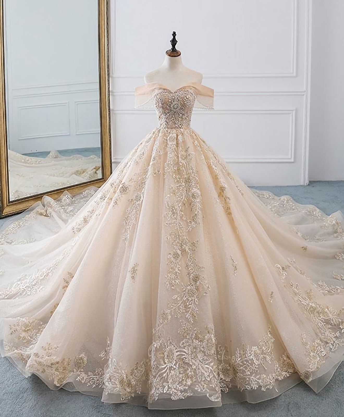 Wedding Dress Costs, Champagne Off Shoulder Tulle Lace Long Wedding Dress, Wedding Gown