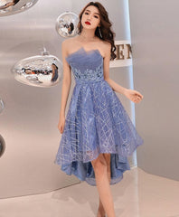 Prom Dressed Long, Blue Tulle High Low Prom Dress, Blue Homecoming Dress