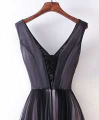 Prom Dresses 2044, Black V Neck Lace Applique Tulle Long Prom Dress, Black Evening Dress