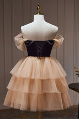 Bridesmaid Dresses Sales, Chic Champagne Off The Shoulder Beading Tulle Short Homecoming Dresses