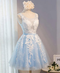 Prom Dress Fabric, Blue V Neck Tulle Short Prom Dress, Blue Homecoming Dress