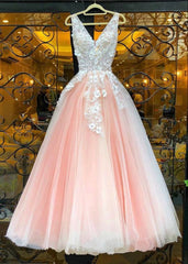 Party Dresses Long Dress, beautiful blush pink prom dreses lace embroidery v neck tulle floor length ball gown