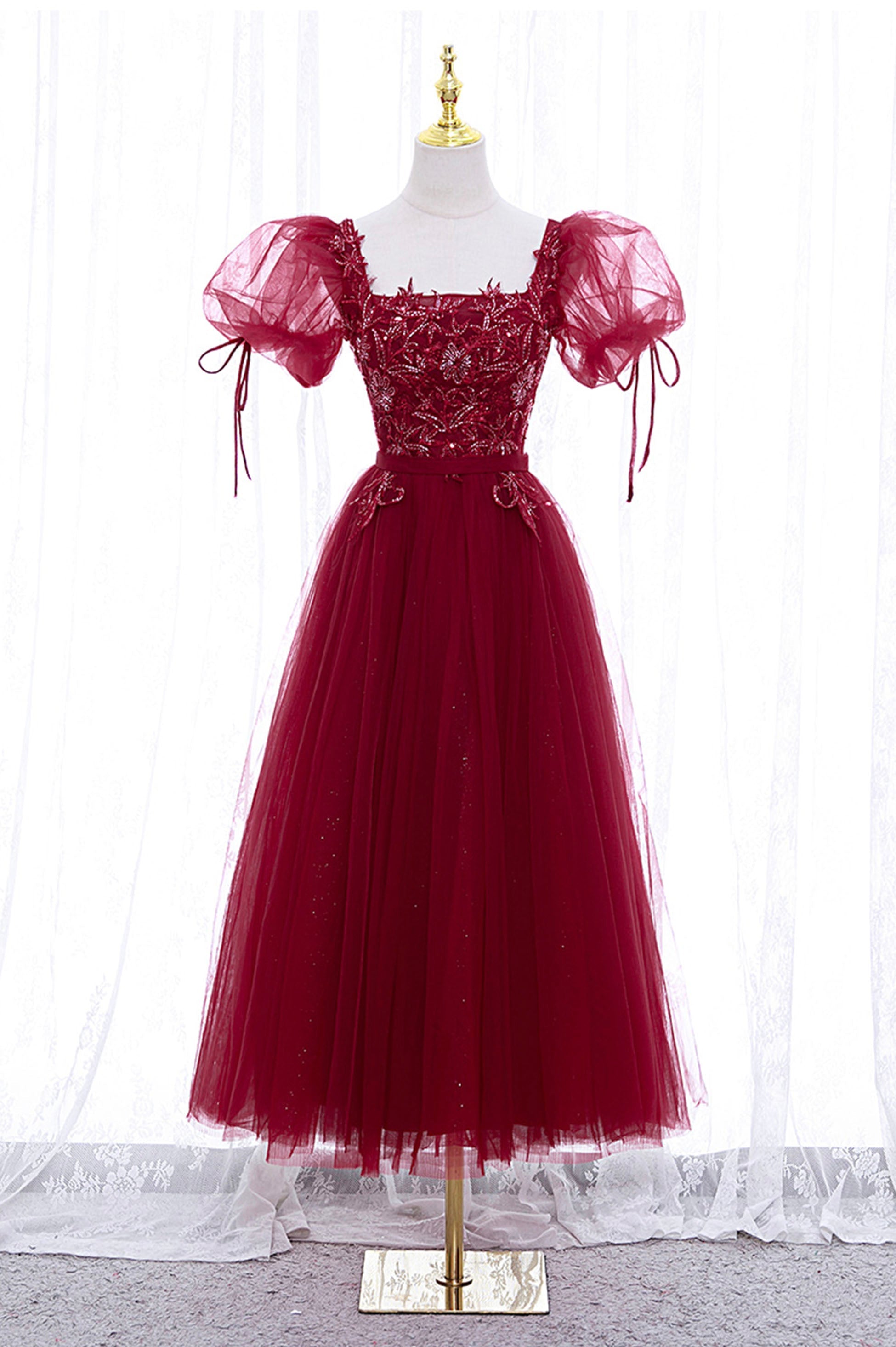 Formal Dress For Weddings, Burgundy Short Sleeve Tulle Tea Length Prom Dress, A-Line Party Dress