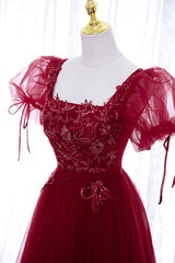Formal Dresses For Wedding, Burgundy Short Sleeve Tulle Tea Length Prom Dress, A-Line Party Dress