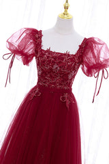 Formal Dress For Wedding, Burgundy Short Sleeve Tulle Tea Length Prom Dress, A-Line Party Dress