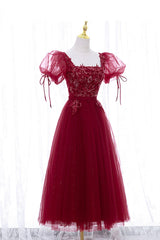 Formal Dressing For Wedding, Burgundy Short Sleeve Tulle Tea Length Prom Dress, A-Line Party Dress