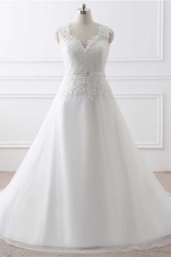 Wedding Dress Train, Elegant Sleeveless Long Wedding Dress with Applique