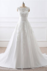 Wedding Dress Back, Sleeveless White Wedding Dress with Applique