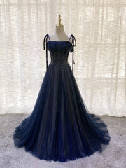 Party Dress For Night, Dark Blue Tulle Sequin Long Prom Dress, Blue Tulle Formal Dress