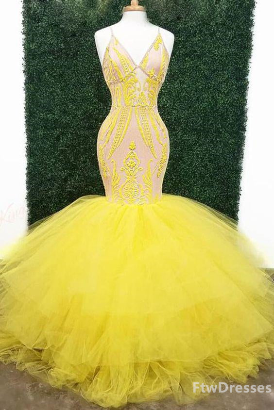 Party Dresses Outfit, yellow sexy prom dresses with deep v neck lace appliques mermaid evening gowns