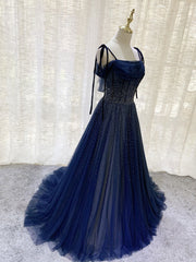 Party Dress Aesthetic, Dark Blue Tulle Sequin Long Prom Dress, Blue Tulle Formal Dress
