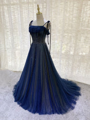 Party Dress Luxury, Dark Blue Tulle Sequin Long Prom Dress, Blue Tulle Formal Dress