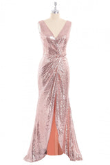 Party Dress Shops, Rose Gold Sequin V-neck Long Formal Dress with Slit
