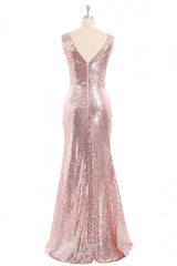 Party Dress Shop, Rose Gold Sequin V-neck Long Formal Dress with Slit