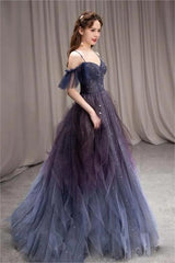 Prom Dress Corset, A-line Dark Purple Ombre Tulle Evening Party Dresses Long Prom Dresses