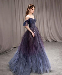 Prom Dresses Boho, A-line Dark Purple Ombre Tulle Evening Party Dresses Long Prom Dresses