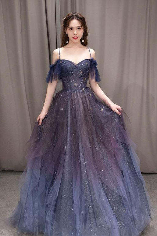 Prom Dresses For Blondes, A-line Dark Purple Ombre Tulle Evening Party Dresses Long Prom Dresses