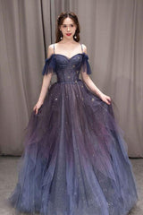 Prom Dresses For Blondes, A-line Dark Purple Ombre Tulle Evening Party Dresses Long Prom Dresses