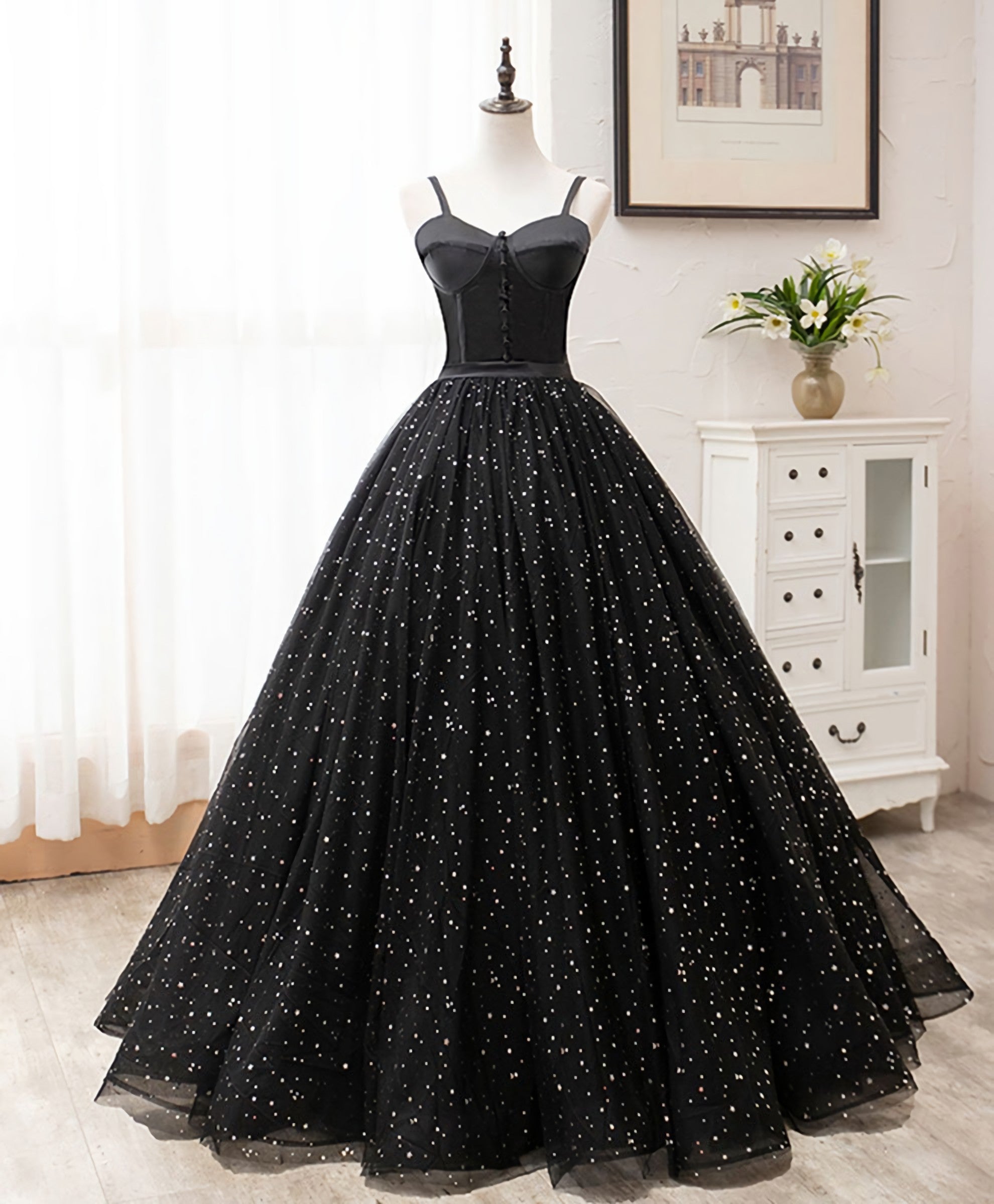 Homecoming Dress Fitted, Black Sweetheart Tulle Long Prom Dress, Black Tulle Formal Dress