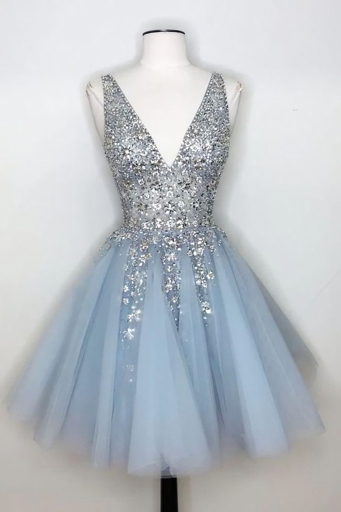 Formal Dresses Off The Shoulder, V Neck Light Sky Blue Homecoming Dress With Sequins 5933