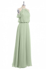 Party Dresses Long Sleeved, Sage Green Chiffon Halter Blouson-Style Long Bridesmaid Dress