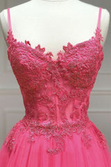 Formal Dresses Long Sleeves, Hot Pink Floral Spaghetti Straps A-line Long Prom Dress