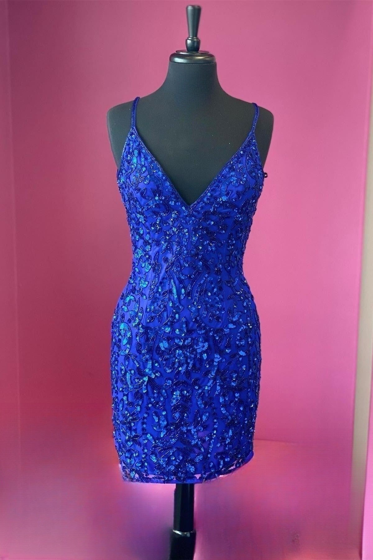 Party Dress New, Royal Blue Sequins Deep V Neck Straps Sheath Homcoming Dress