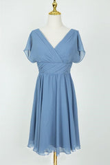 Evening Dress Open Back, V-Neck Pleated Sky Blue Chiffon Bridesmaid Dress