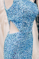 Formal Dress Outfit, Sky Blue One Shoulder Sequins Sheath Cut-Out Homecoming Dress