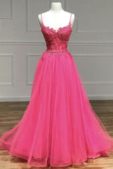 Formal Dresses Long Sleeved, Hot Pink Floral Spaghetti Straps A-line Long Prom Dress