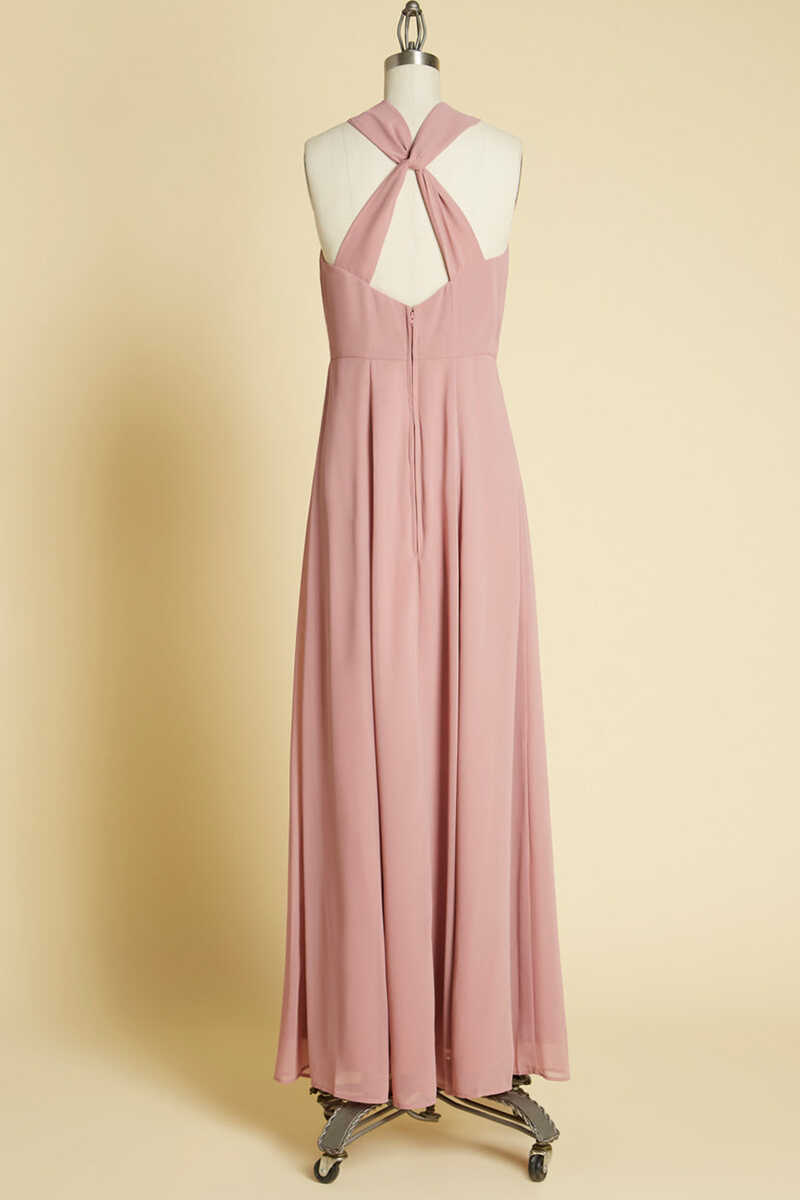 Party Dress Top, Dusty Pink Twist-Front Backless Long Formal Dress