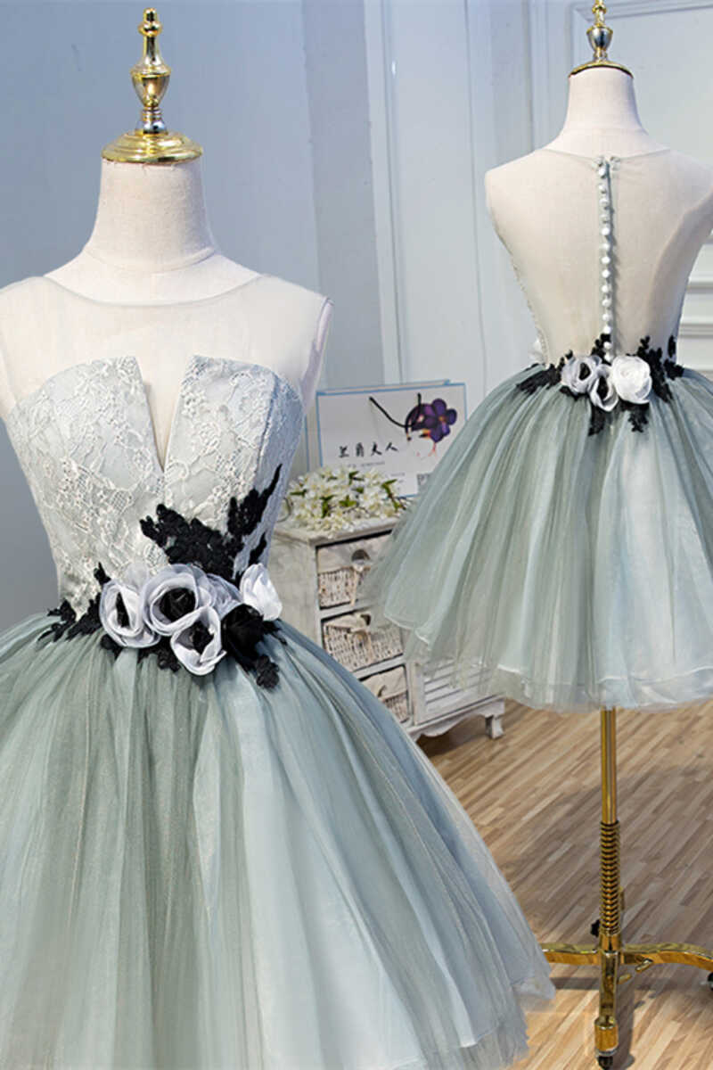 Bridesmaids Dresses Uk, Princess Light Green Flower Sheer Back A-Line Short Party Dress