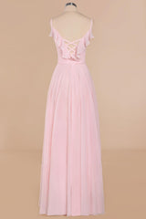 Bridesmaids Dresses Satin, Pink Ruffle Lace-Up A-Line Long Bridesmaid Dress