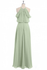Party Dress Set, Sage Green Chiffon Halter Blouson-Style Long Bridesmaid Dress