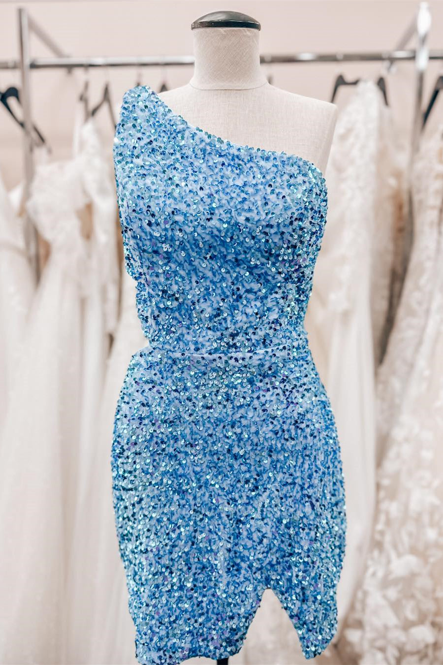 Formal Dresses Outfit, Sky Blue One Shoulder Sequins Sheath Cut-Out Homecoming Dress