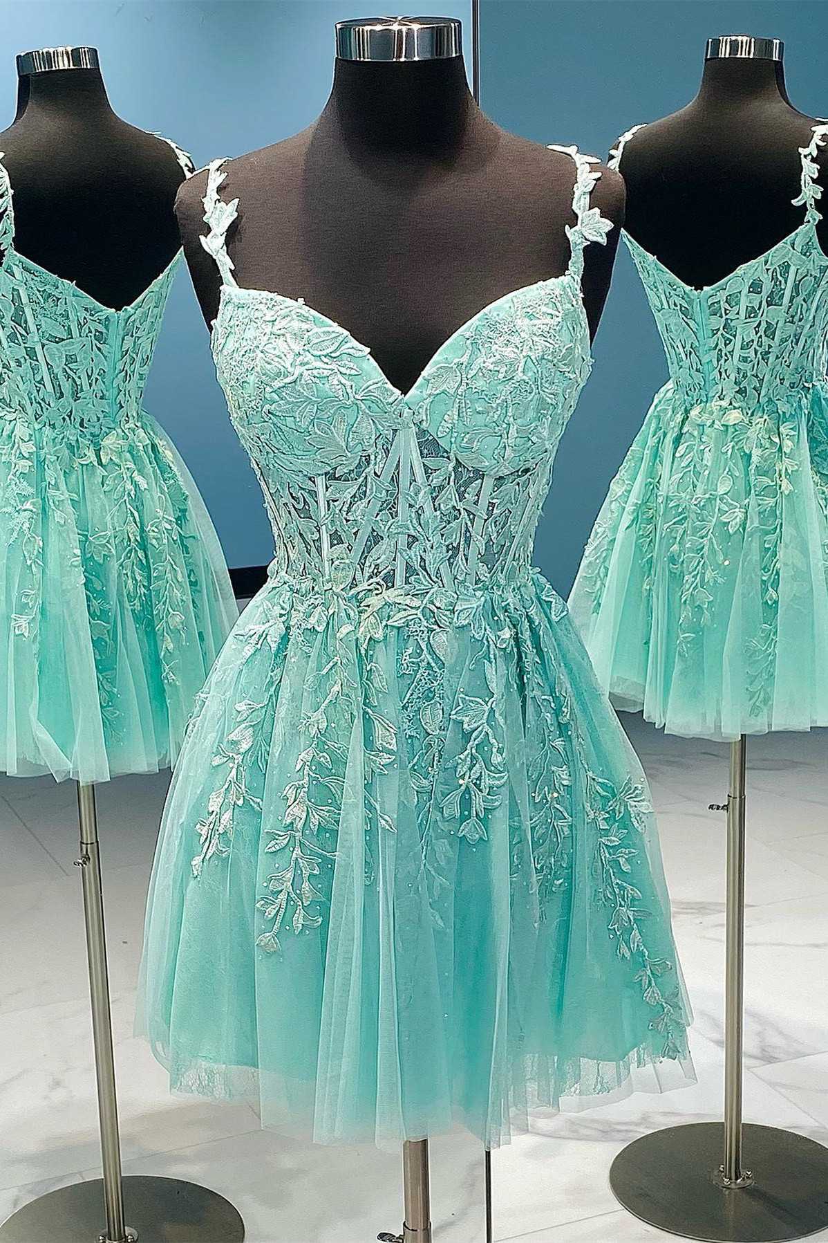 Prom Dresses Mermaid, Mint Green Appliques Sweetheart A-Line Homecoming Dress